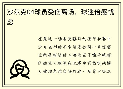 沙尔克04球员受伤离场，球迷倍感忧虑